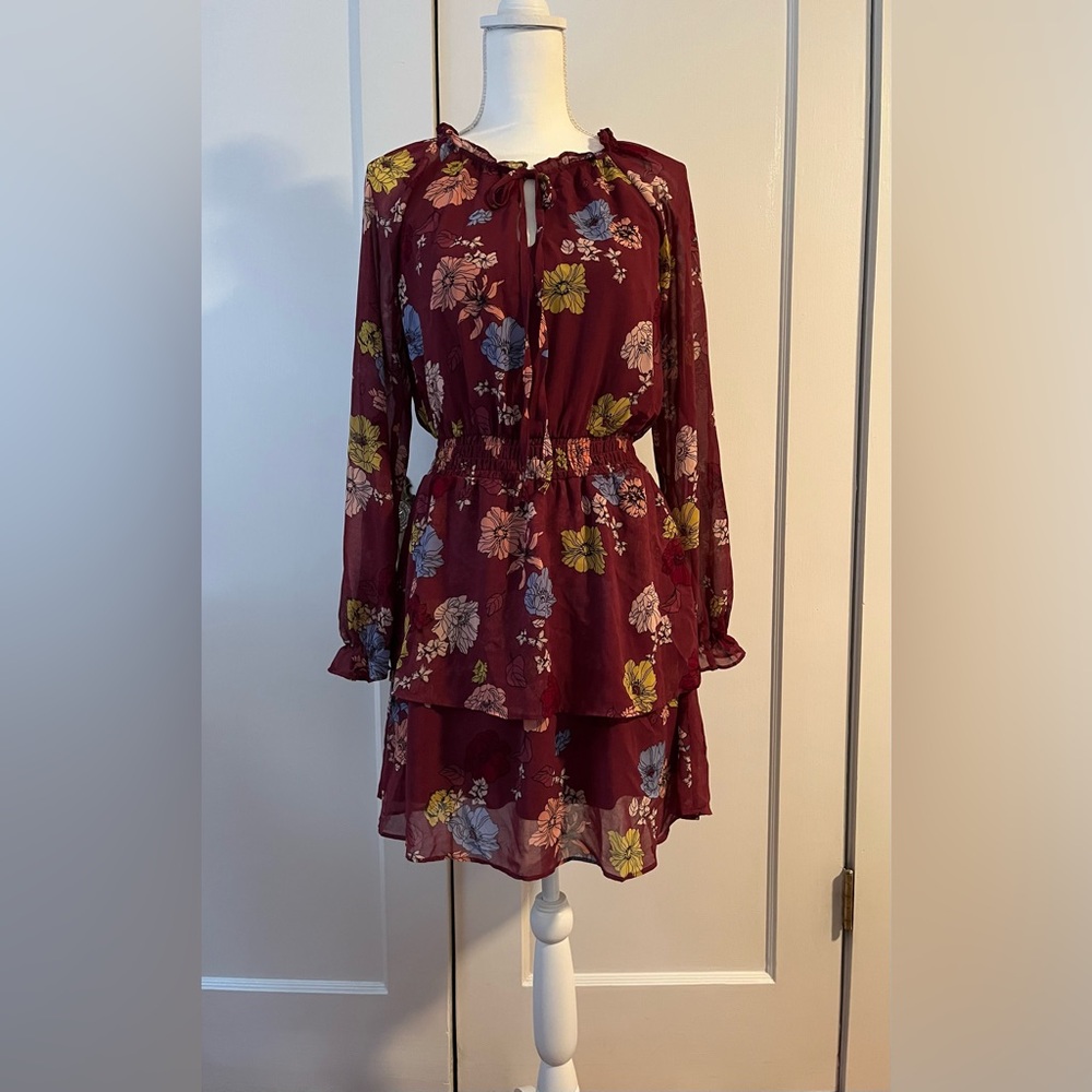 Xhilaration Floral Burgundy Long Sleeve Dress